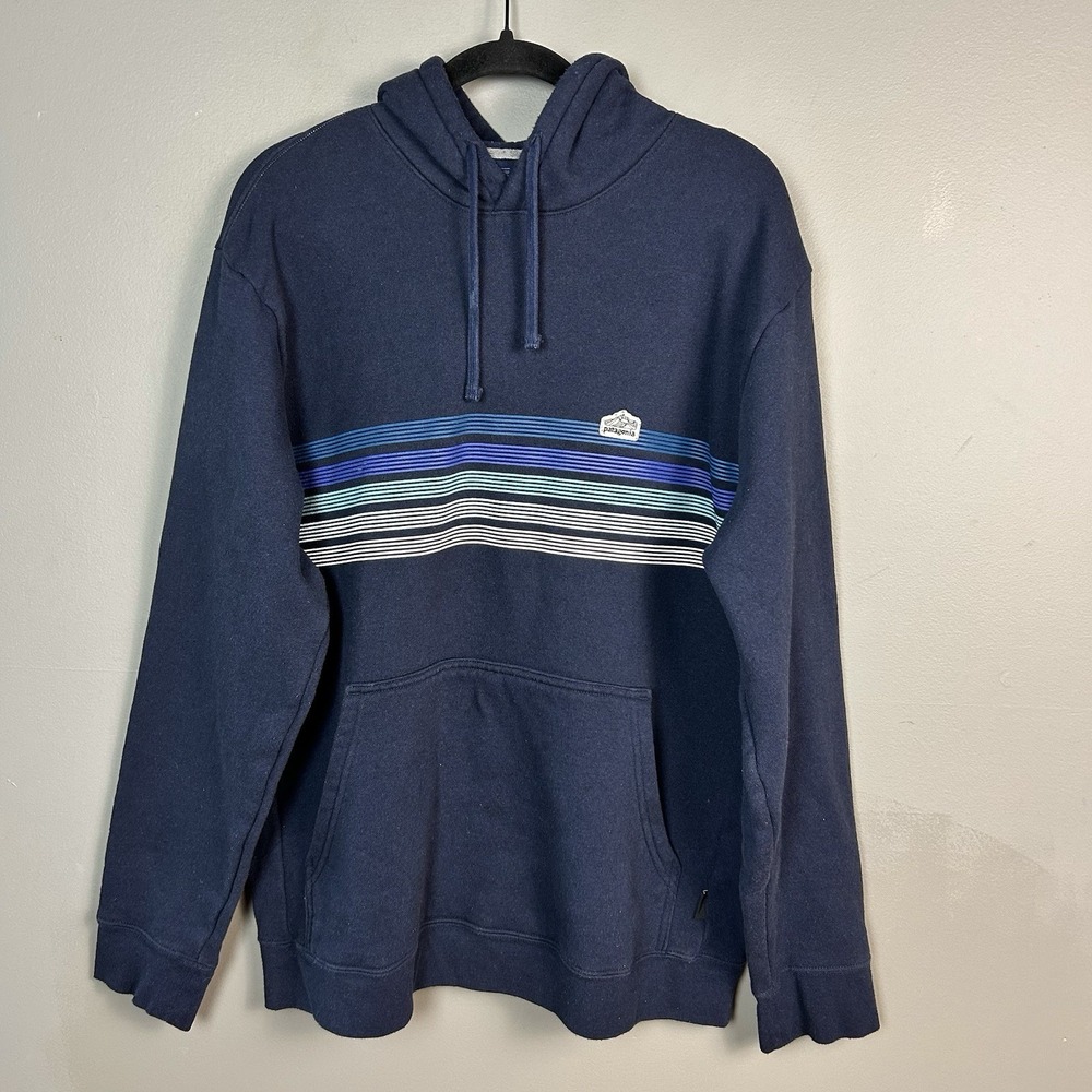 Patagonia Navy Pullover Hoodie with Blue and White Stripes